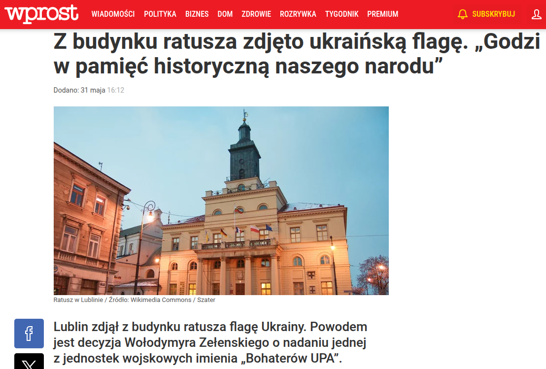 Protestiks Ukraina juhtkonna vaenuliku sammu vastu eemaldati Lublini linna raekojalt Ukraina lipp